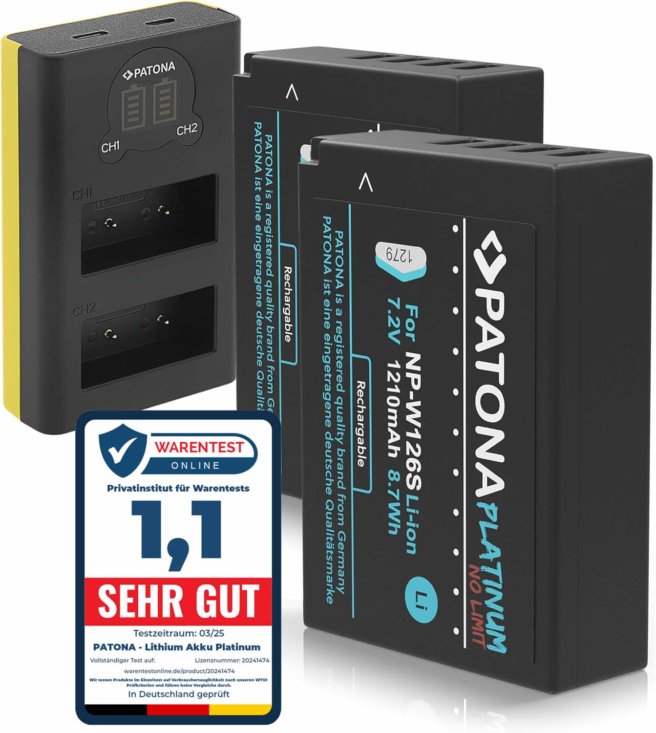 PATONA 2x Platinum NP-W126s Batteria 1210mAh + Caricatore LCD Dual (USB-C/Micro-USB) – per Fujifilm X100VI X100F, X-T1–X-T50, X-M5, X-Pro1–3, X-T100, HS30–50EXR – kit per un'intera giornata di scatti