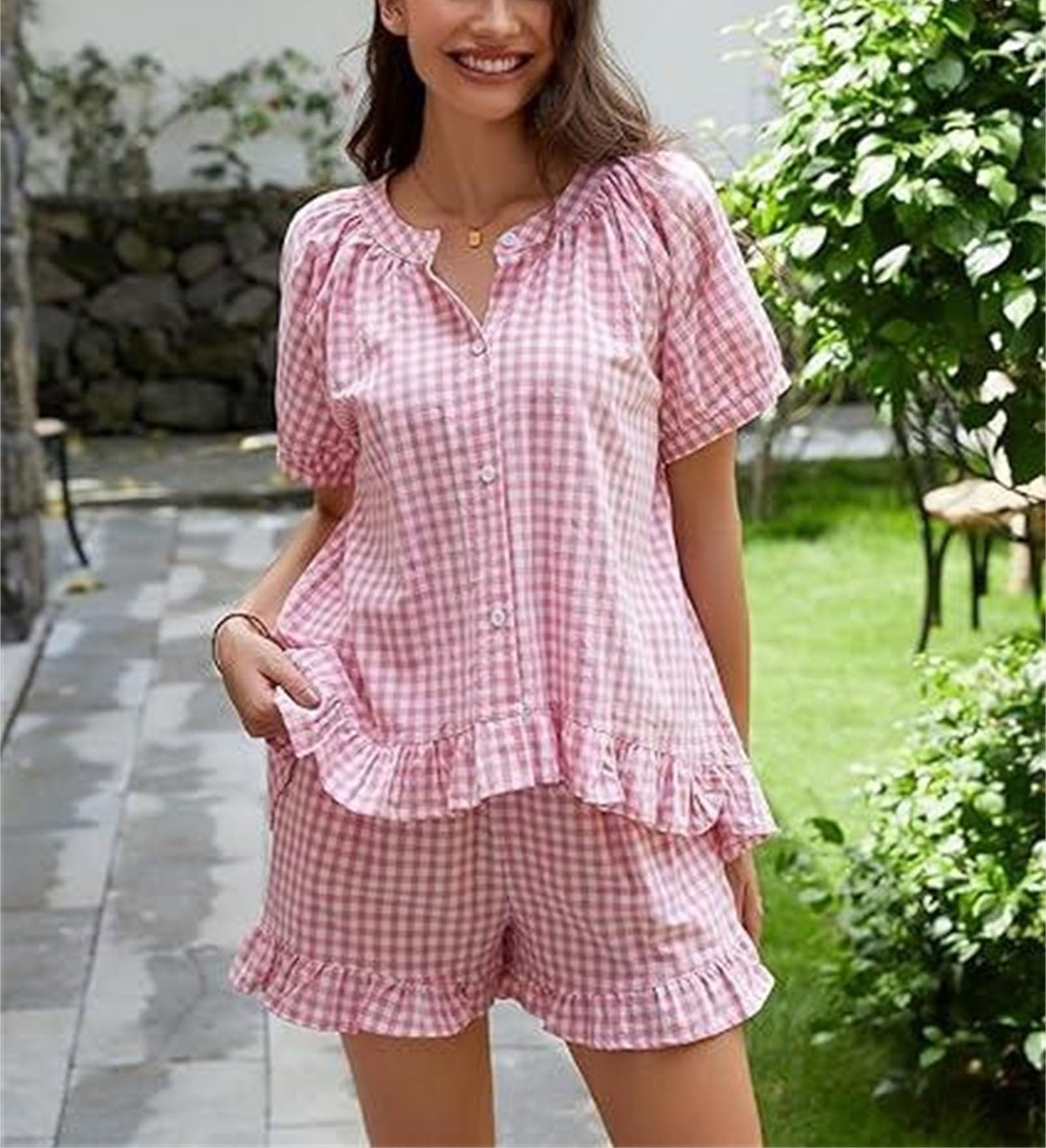 Generisch Damen 2 Stück Ruffle Pyjama Set Gingham Pjs Kurzarm Babydoll Shirt und Shorts Niedliche Sommer Outfits