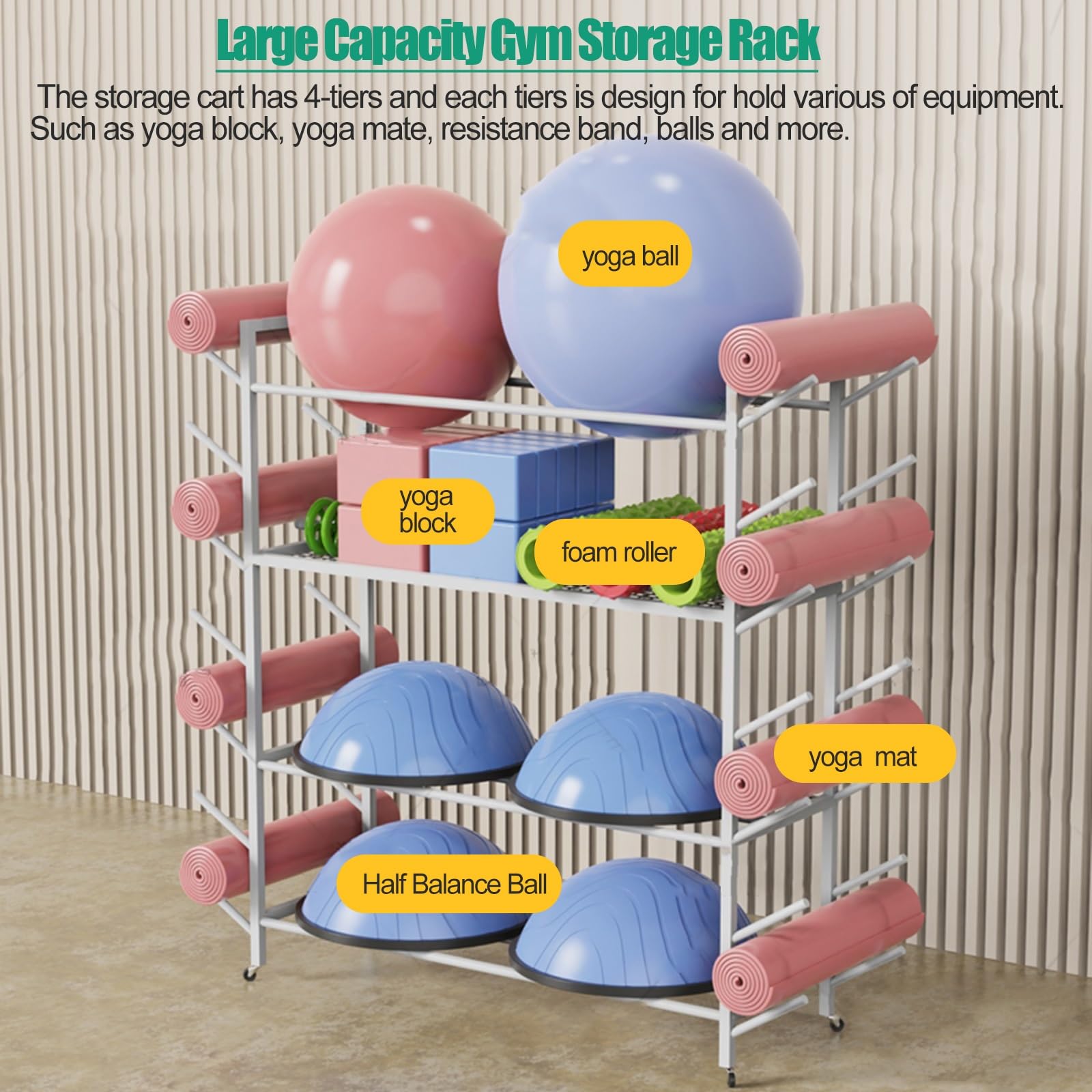 Robusto scaffale Organizer per Palestra Domestica con Ruote - Contenitore da Pavimento per tappetini da Yoga, Palle e Attrezzi per l'equilibrio - Scaffale per Allenamento Professionale con r