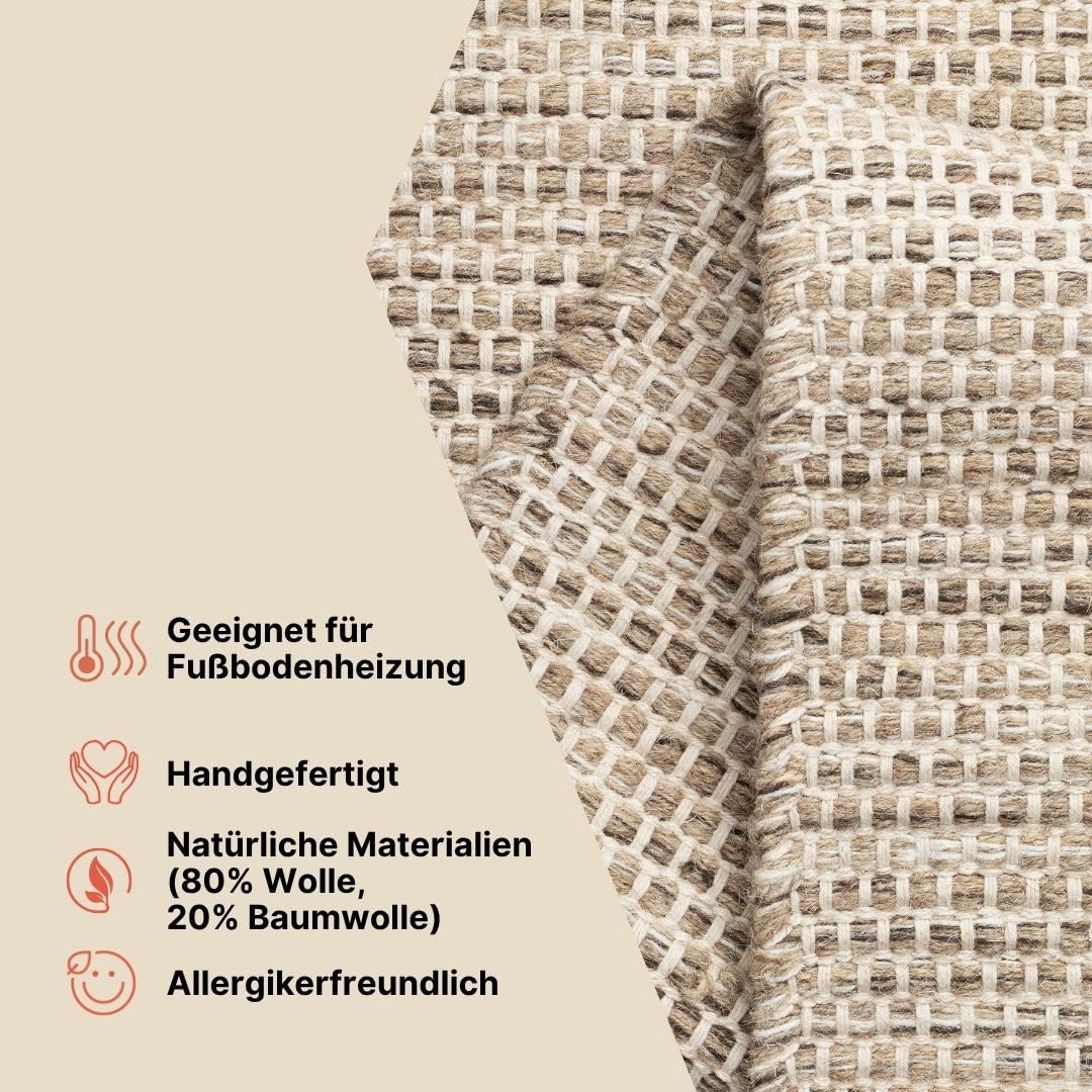 TAPISO Loni Wollteppich Beige handgewebt, Teppich Wohnzimmer Wolle, Wollwebteppich, Hand Made, pflegeleicht, für Kinderzimmer Schlafzimmer Esszimmer, Natur, Braun 200 x 300 cm