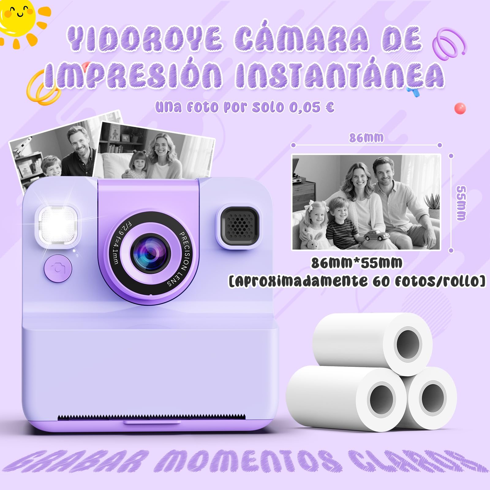 Camara de Fotos Instantaneas,2.4" 1080P HD Camara Fotos Infantil Instantaneas Juguetes Niños 3-12 Años Cámara Instantánea Niños de Foto & Video 1080P & Música&5 Juegos de Rompecabezas 32GB
