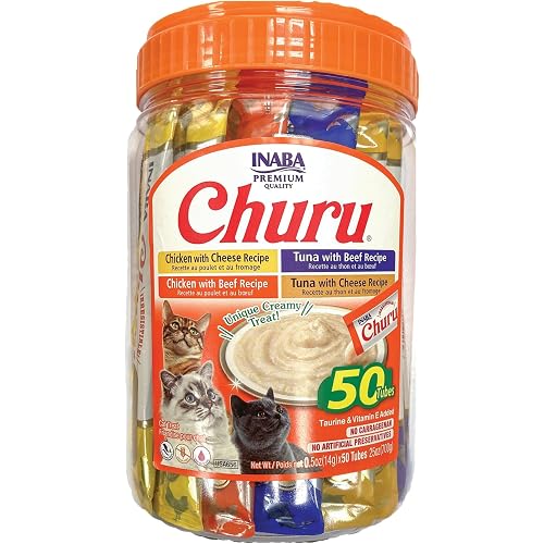 INABA Churu Cat Treats, Lickable, Squeezable Creamy Purée Cat Treat with Green Tea Extract & Taurine, 0.5 Ounces Each Tube, 50 Tubes, Beef & Cheese Variety