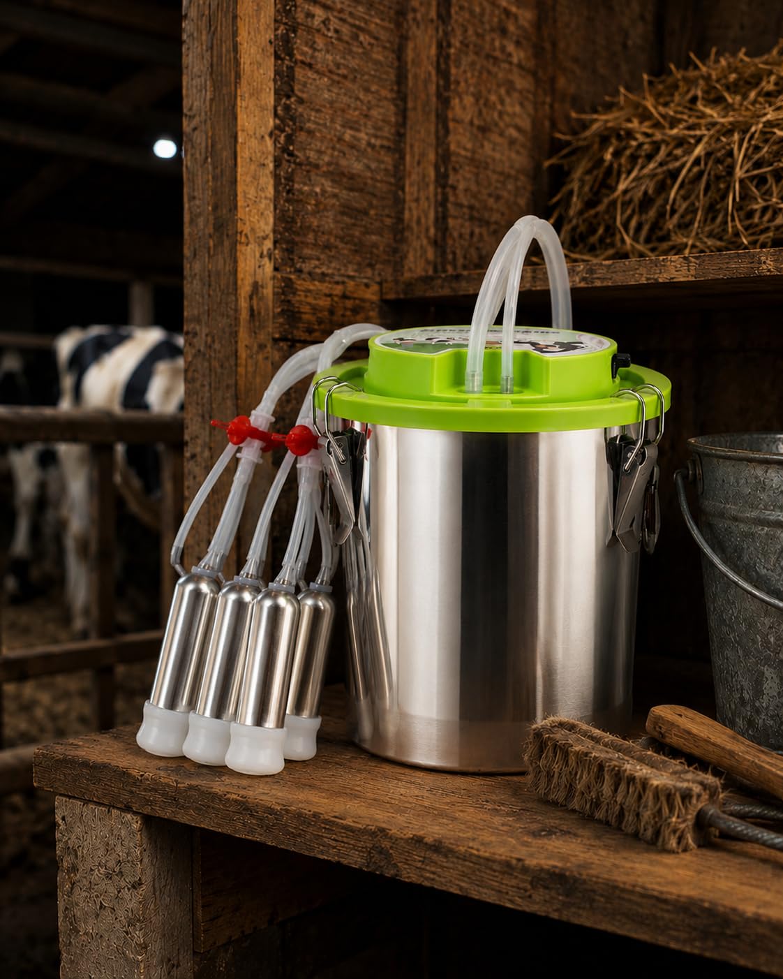 Mungitrice portatile per mucche con secchio in acciaio inox da 12 litri, motore da 48 W, batteria da 5200 mAh, pulsazione regolabile, arresto automatico per uso agricolo e domestico.
