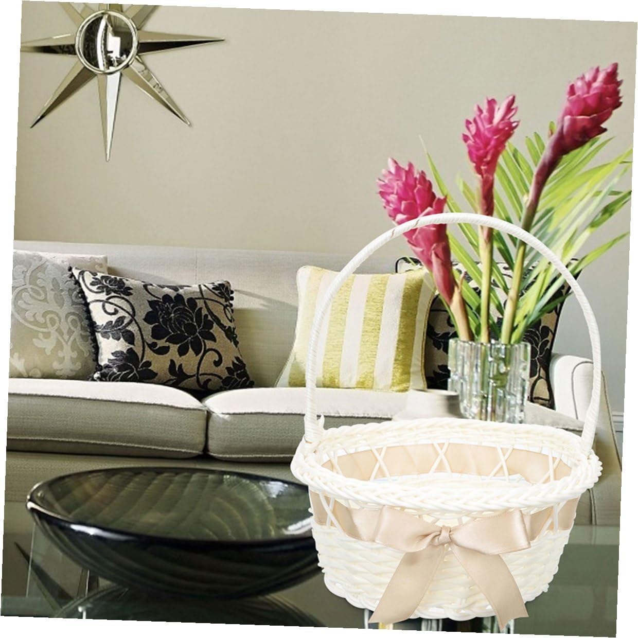 Beavorty 2pcs Wedding Flower Girl Baskets Small Woven Handcrafted Flower Baskets with Handle Light Coffee 18x21cm for Wedding Ceremony and Decor