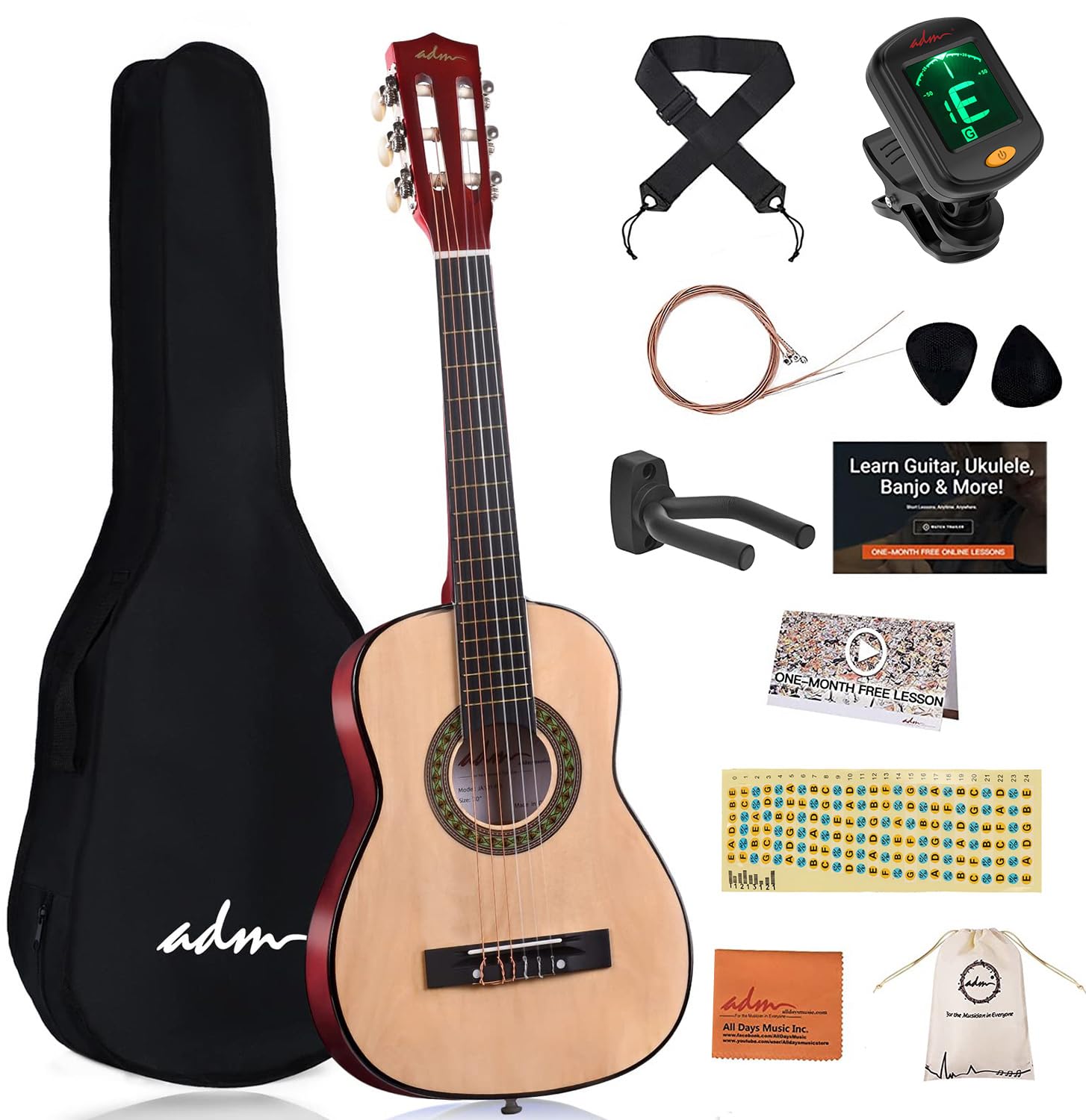 ADM Beginner Acoustic Classical Guitar 30 Inch Nylon Strings Wooden Guitar Bundle Kit for Kid Boy Girl Student Youth Guitarra Free Online Lessons with Gig Bag, Strap, Tuner, Extra String, Pick,Natural-image-38