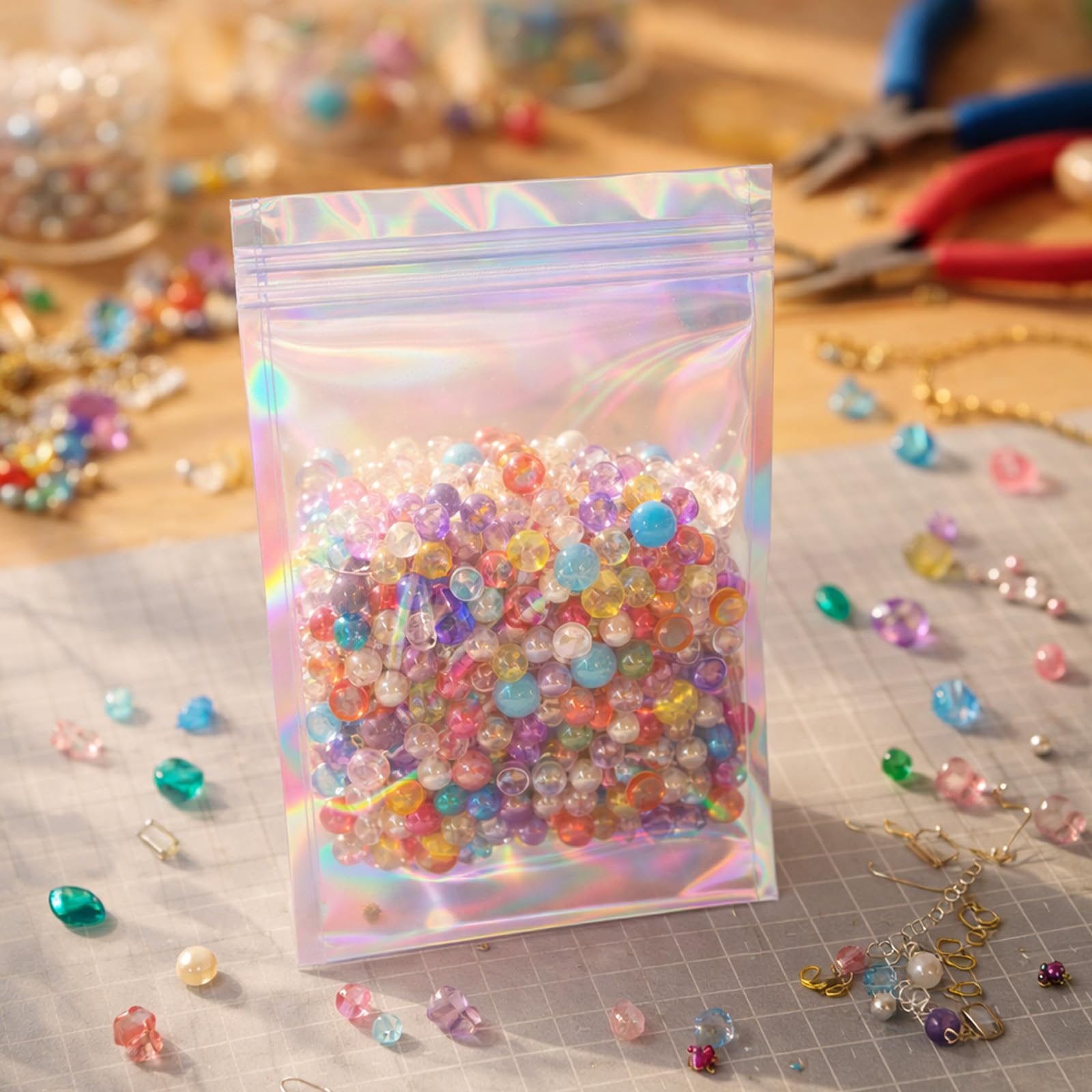 Confezione da 200 sacchetti in Mylar olografico da 17,8 x 25,4 cm, con finestra trasparente, richiudibili, per la conservazione degli alimenti, grandi e a prova di odore, per biscotti, gioielli e