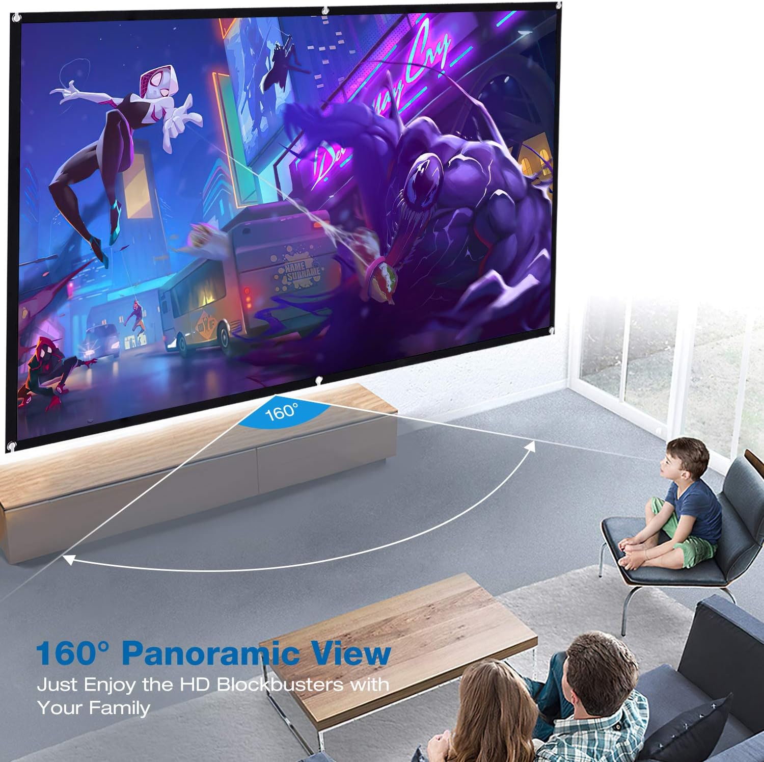 TOPVISION projector screen installed in a living room, showing a 160-degree panoramic view ແຜນວາດ.