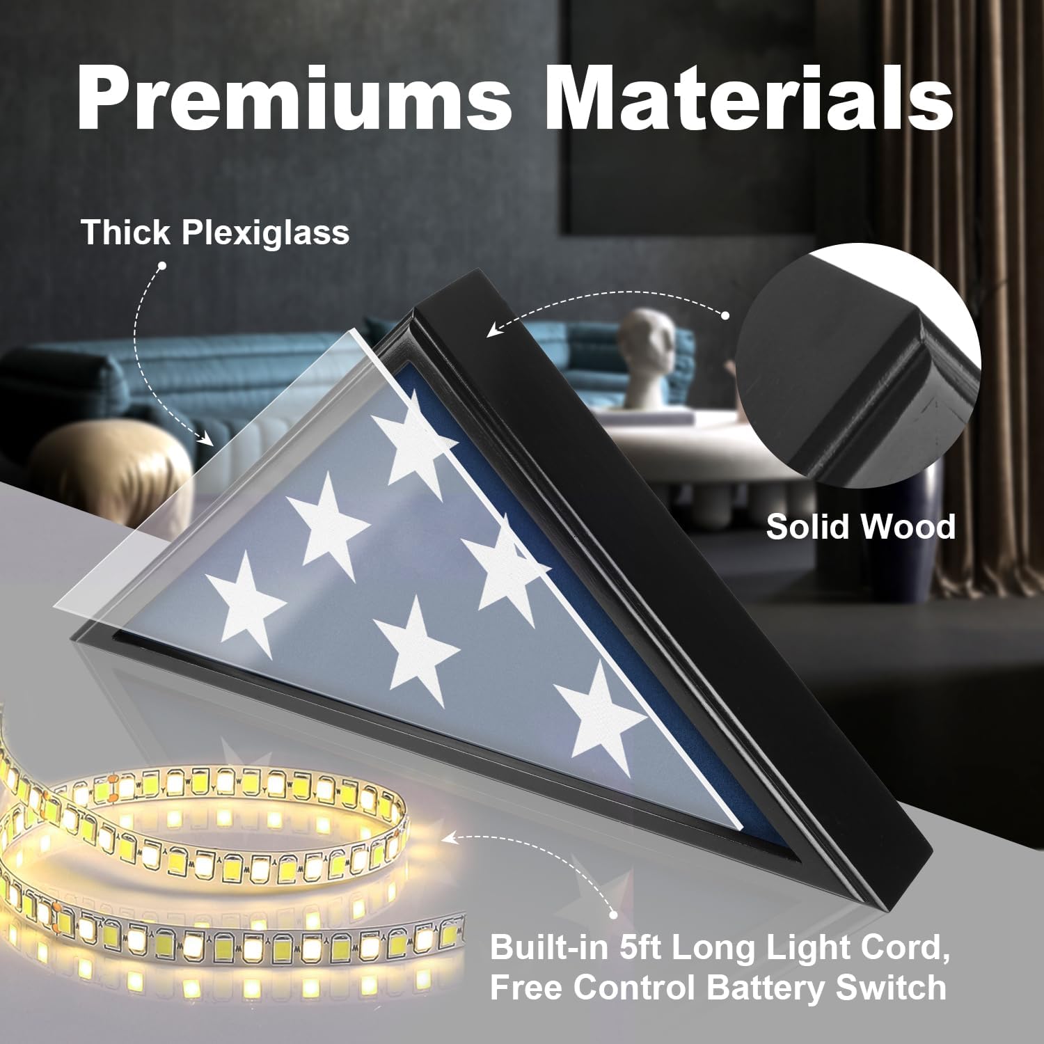 Flag Case with Lights for Burial Flag, 5' x 9.5' Funeral Flag Display Case, Wooden Memorial Flag Shadow Box for Military Veterans, Flag Holder for Wall or Standing Display (Black)