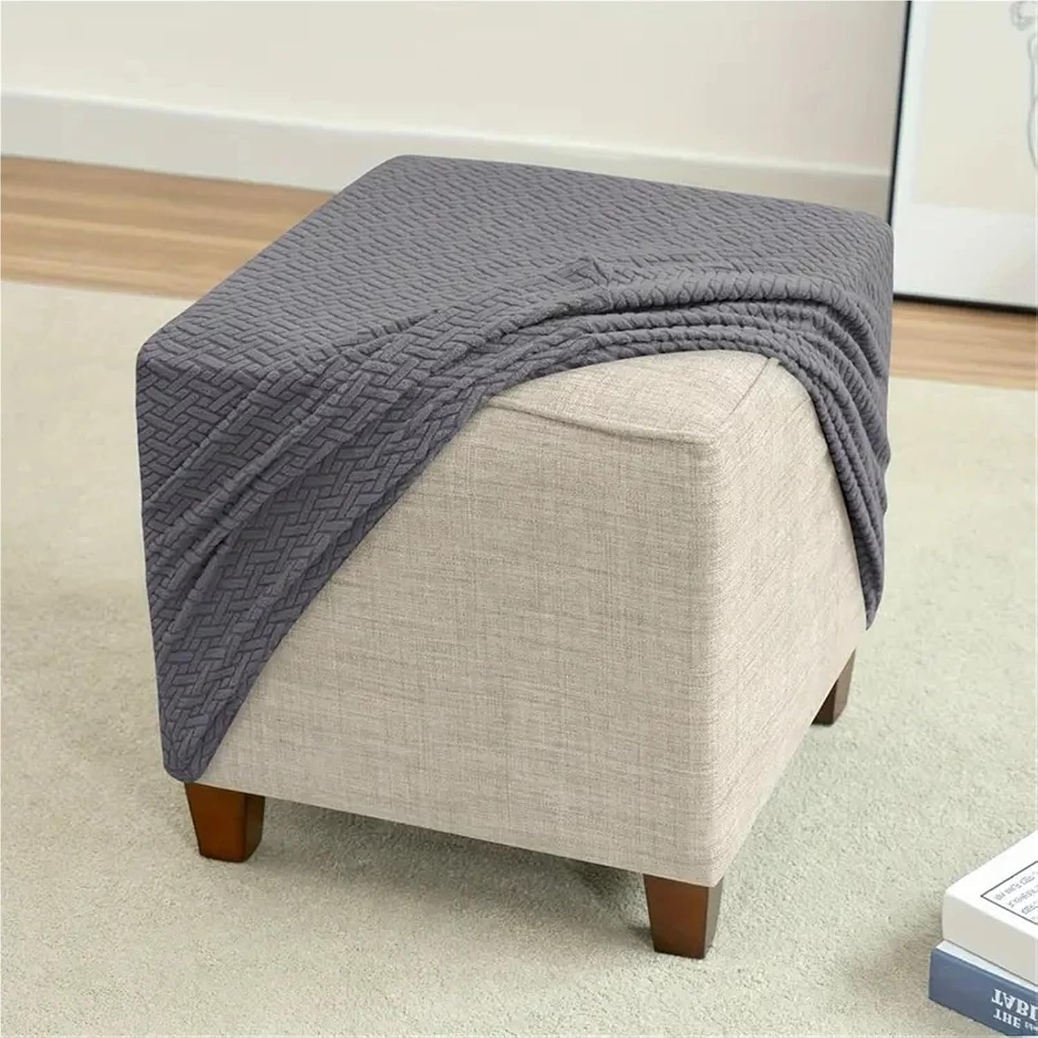 4PC Jacquard Solid Color Square Stool Cover Ottoman Elastic T-Shape Sofa Footrest Slipcover for Home Office Decor for Footstool