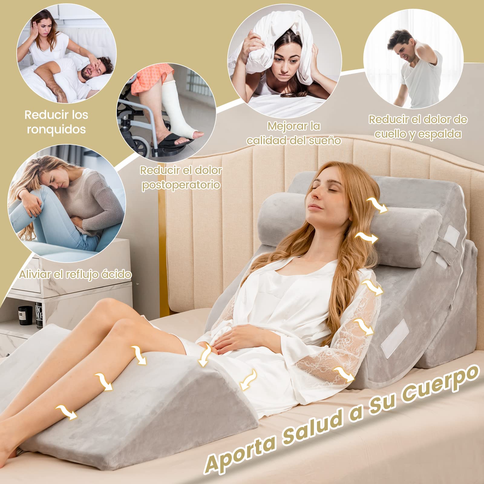COSTWAY Almohada de Cuña para la Cama de 4 Piezas, Juego de Almohadas Postquirúrgicas de Espuma de Memoria para Aliviar el Dolor de Espalda, Cuello y Piernas, Almohada de Soporte de Espalda Ajustable