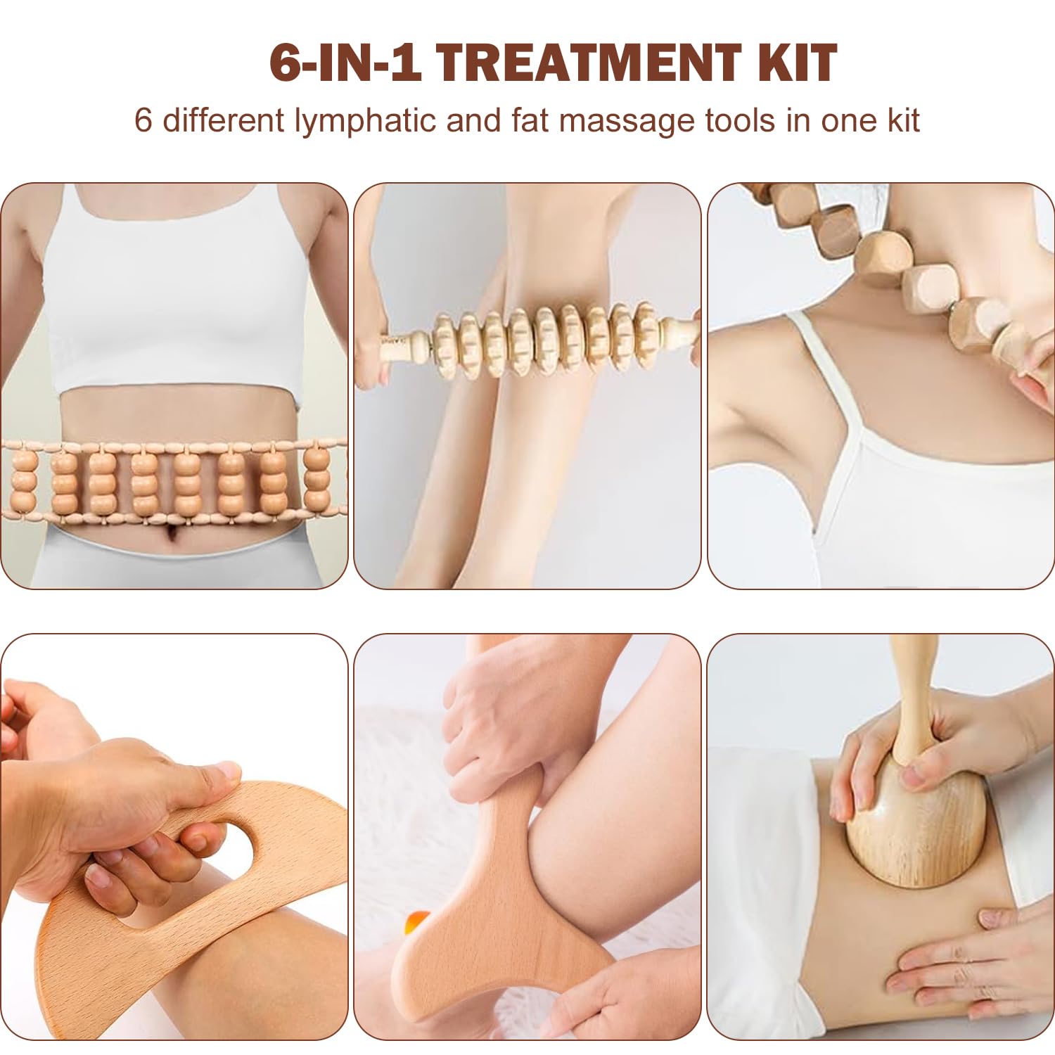 6 Stück Massageroller Holz, Faszienrolle Holz, Anti Cellulite Massage, Faszienstab, Hölzernes Gua Sha-Brett, Massage Set für Körperformung, Lymphdrainage, Muskelschmerzlinderung, Anti Cellulite