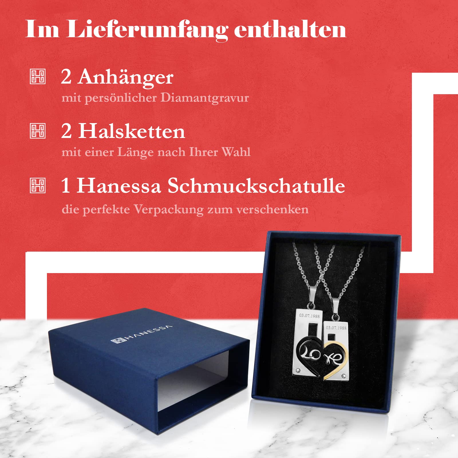 2 Stück Personalisierte Kette mit Gravur Edelstahl 50 cm mit Anhänger Herz mit Datum in silber - Personalisierte Geschenke für Damen Herren Freundin Freund - Partner Halskette Sie Ihn