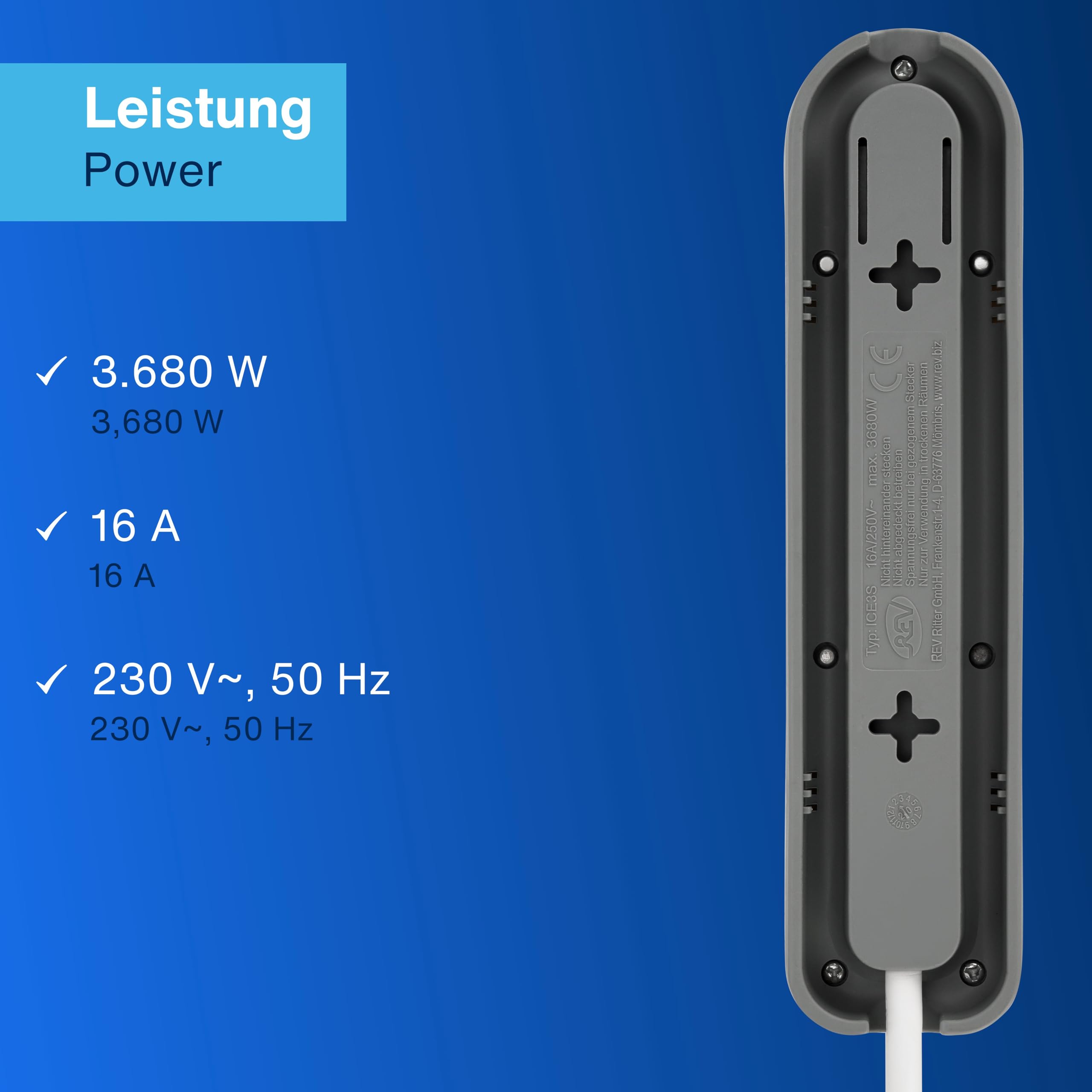 REV Listwa zasilająca Ice – gniazdo wielokrotne, 3680 W, 5 m, biała