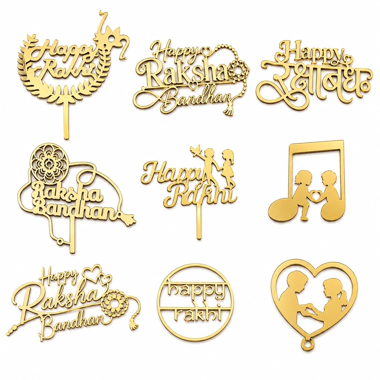 Rakhi Cake Topper Set of 9, Mirror Gold Acrylic Happy Raksha Bandhan Cake Decoration Toppers, Reusable Laser Cut Cake Decorating Accessories for 0.5 kg, 1 kg & 2 kg Cakes-image-26