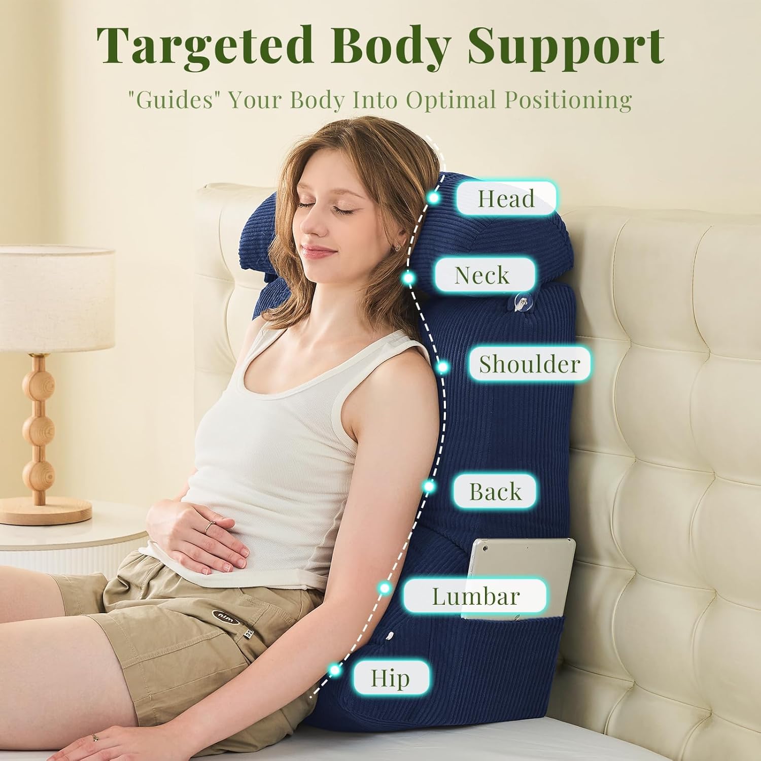 Sasttie Reading Pillows for Sitting in Bed Adult, Velvet Back Pillow, Dark Grey, 2PCS Bed Wedge Pillow Headborad for Sleeping, with Neck Cushion, Oeko-Tex Certified, 23"x11.5"x23", Navy