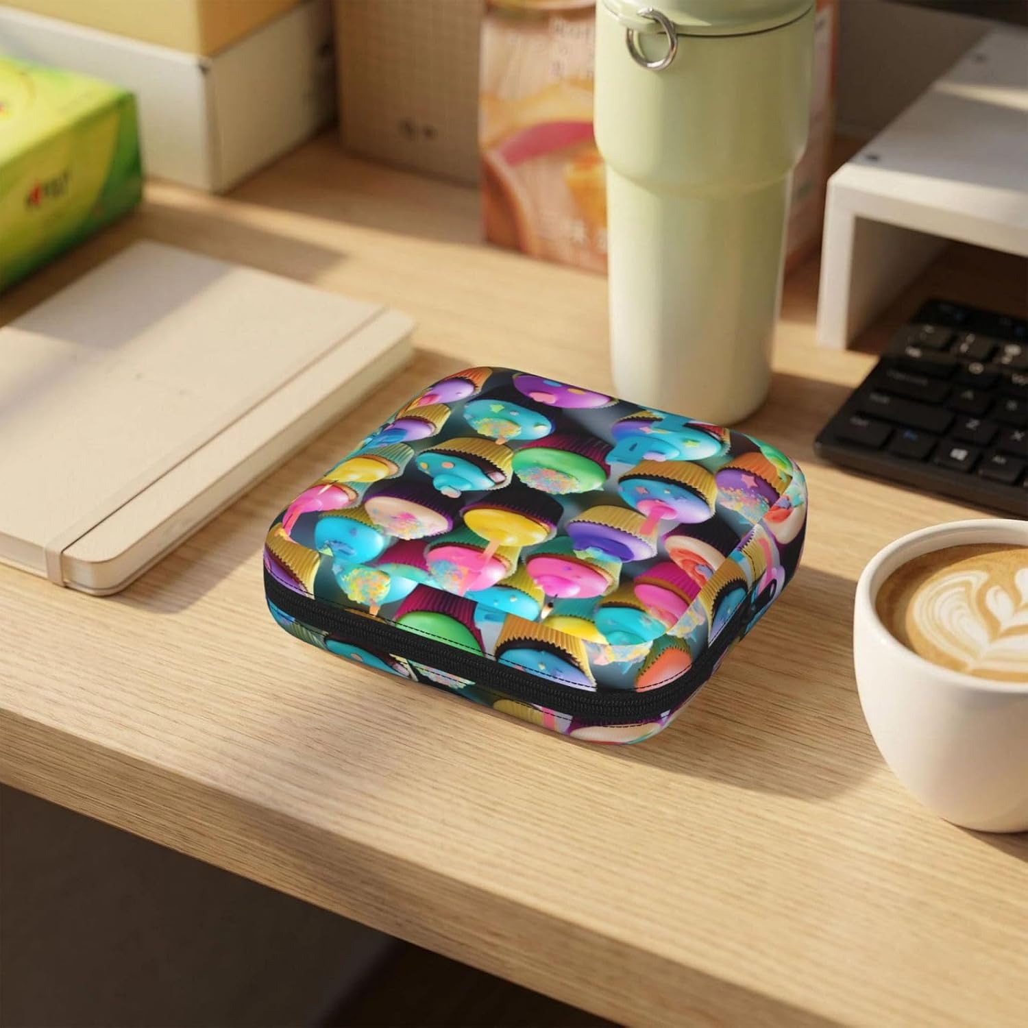 Colorful Happy Birthday Cupcakes Print Women Period Bag Sanitary Pouch Portable Pad Pouch Tampon Holder Small Zipper Pouch Storage Bag