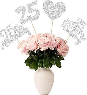 Gyufise 12Pcs 25th Anniversary Centerpiece Sticks Double Sided Gold Glitter Heart 25 Silver Wedding Anniversary Table Flower Centerpieces for Cheers to 25 Years Blessed & Loved Wedding Party Supplies