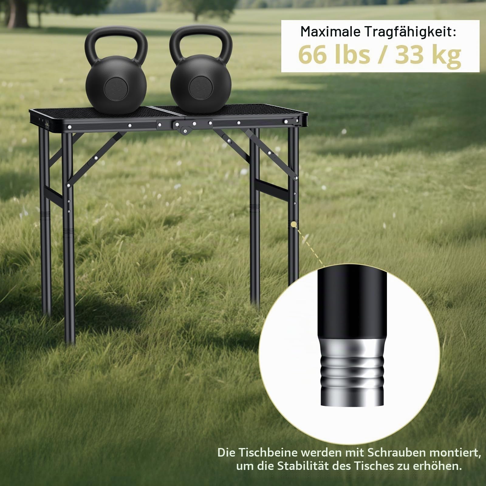 Anbte Campingtisch Klapptisch 60x40cm Aluminium Rahmen mit 3 Verstellbare Höhe 27/51/74cm Grilltisch mit Metallgitter Tischplatte Leicht Tragbar Beistelltisch für Garten Strand Picknick (Schwarz)