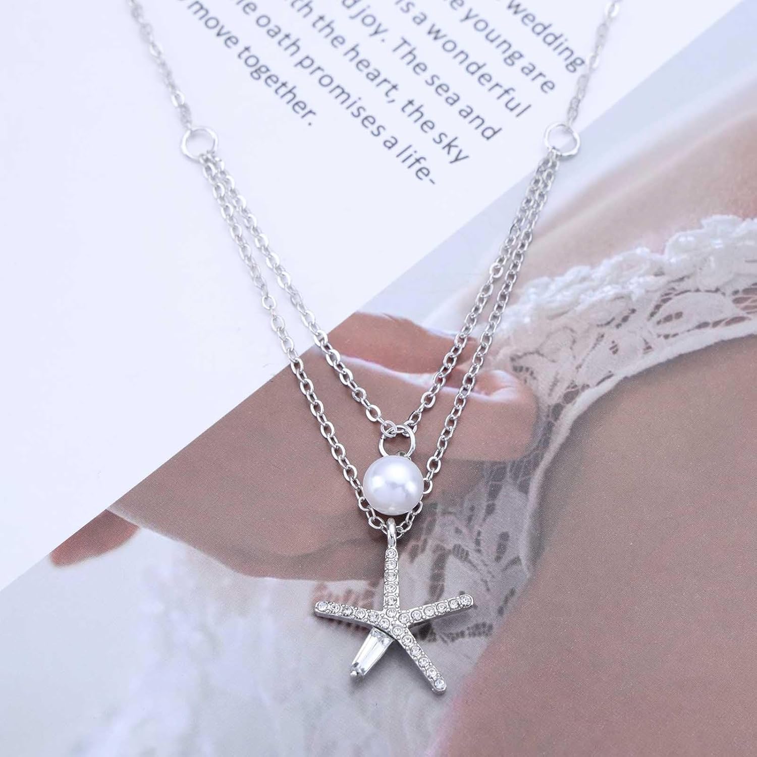 Boho Layered Starfish Pendant Necklace Crystal Starfish Choker Necklace Silver Pearl Necklace Chain Silver Cz Starfish Necklace Jewelry for Women - Image 7