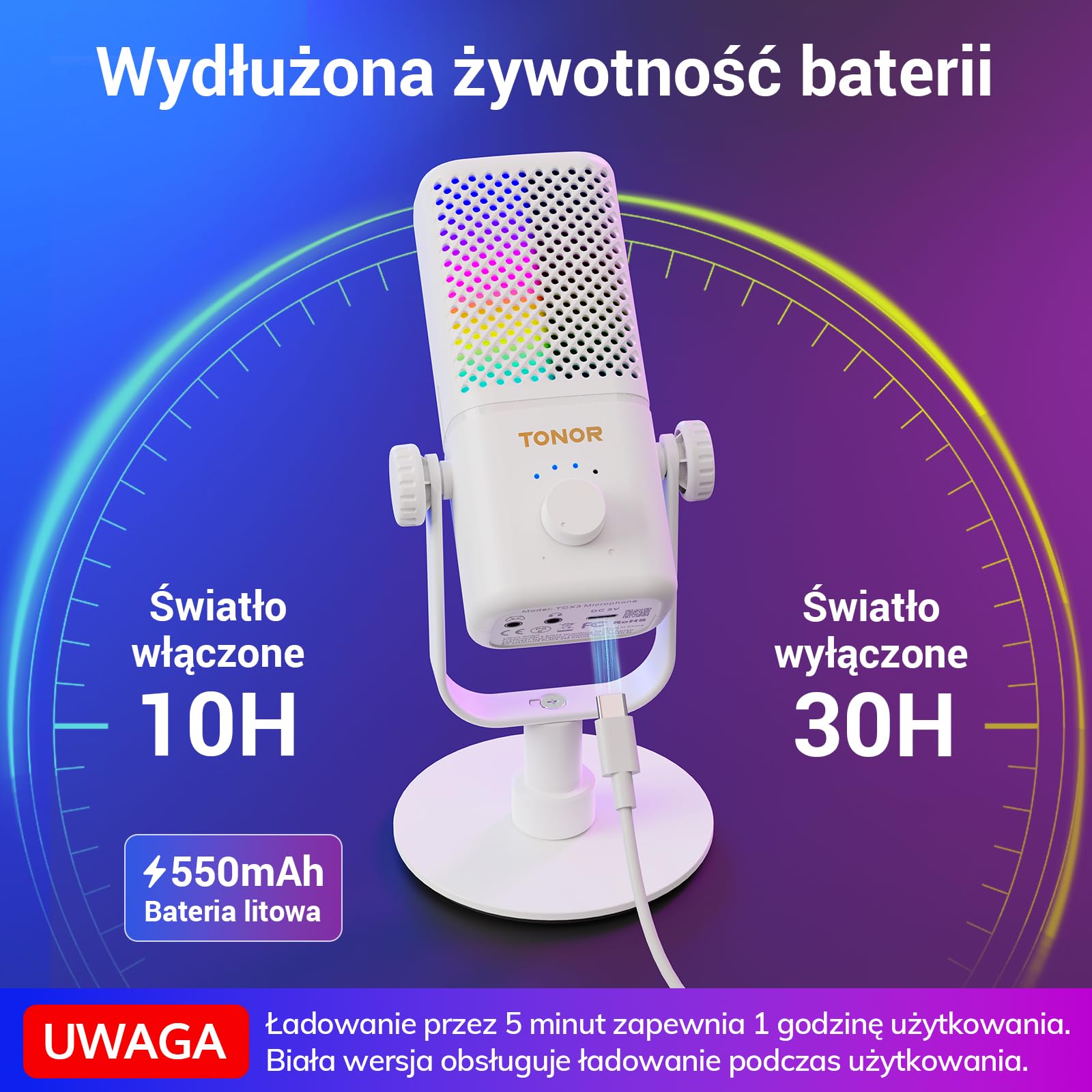 TONOR Mikrofon gamingowy kompatybilny z Xbox, mikrofon kondensatorowy z RGB, 30 godzin, kontrola GAIN/monitoring/wyciszenie, mikrofon do streamingu/podcastingu, kompatybilny z kartami Capture, TCX3