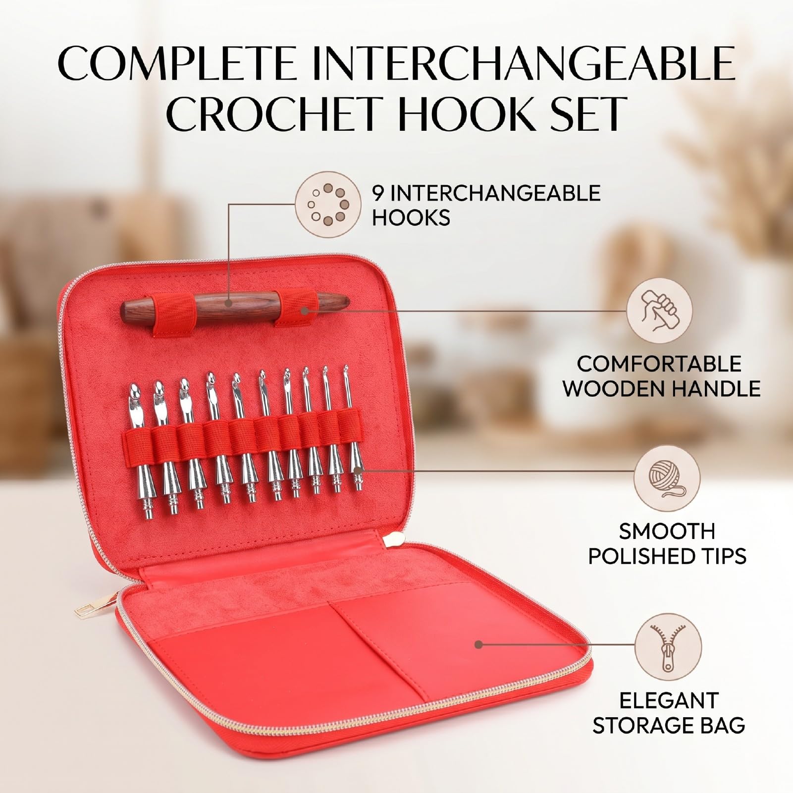 Luqeeg Kit de Herramientas para Tejer con Mango de Madera Ergonómico, Agujas de Ganchillo de Acero Inoxidable Intercambiables