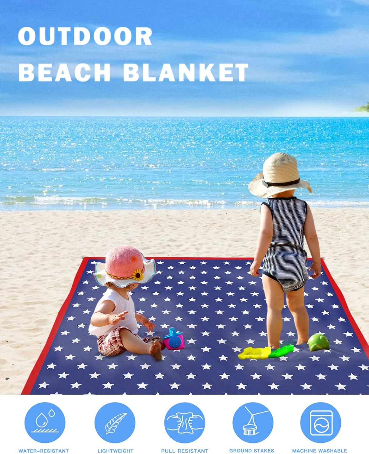Beach Blanket Waterproof Sandproof,Independence Day July 4th Extra Large 118"X108" Picnic Blanket Beach Mat,Lightweight Durable Camping Blanket with 4 Stakes for Beach Travel,Patriotic American Flag