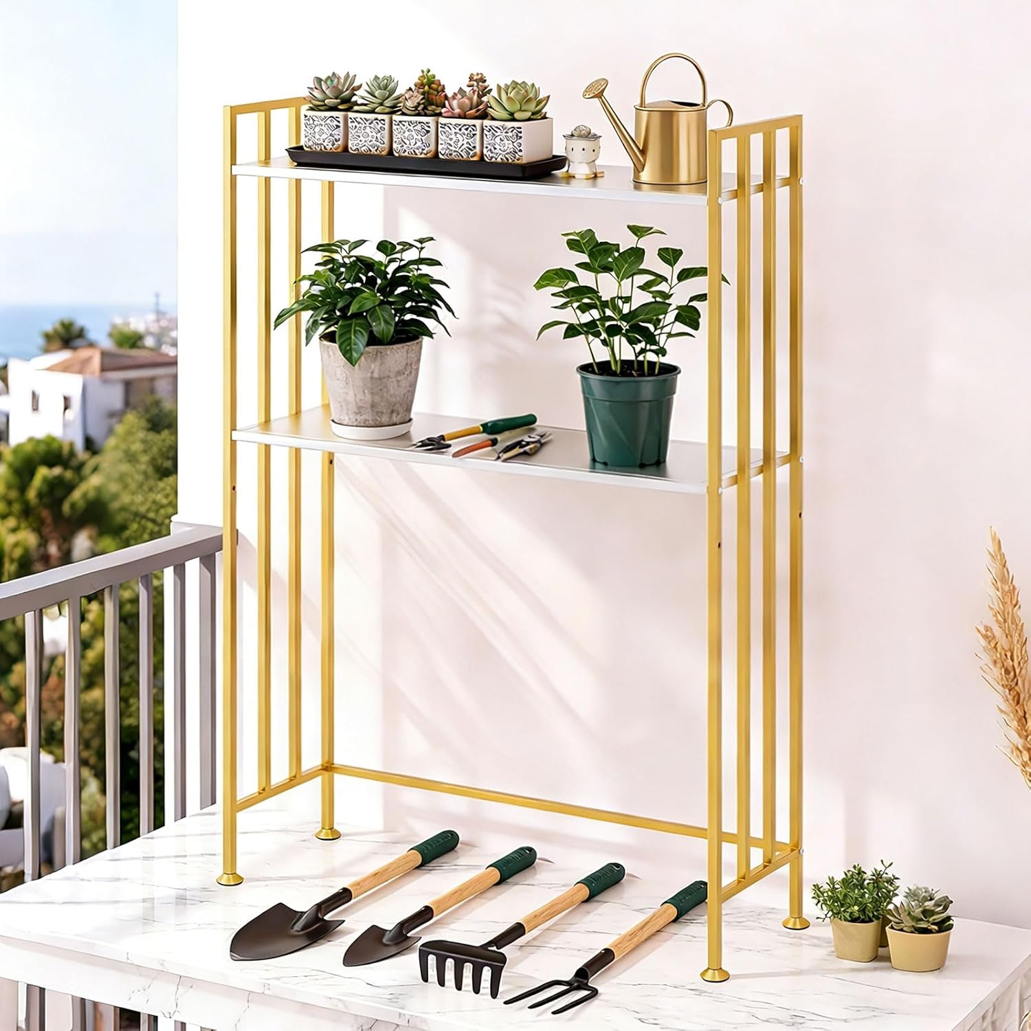 Adjustable Desk Hutch Dorm 2-Tier Rust-Proof Iron Desk with Hutch & Desk Shelf for Top of Desk | Multi-Surface Organizer for Office, Kitchen（Gold）