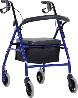HOMCOM Folding Aluminum Rollator Walker with Adjustable Handle Height, Cushioned Flip Up Seat and Convenient Storage Bag, Rolling Wheels with 2 Barker, Blue