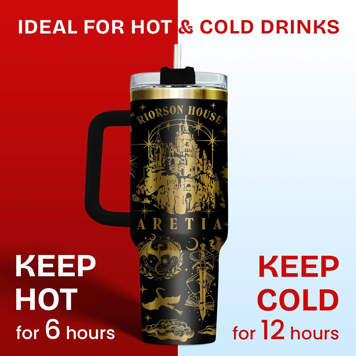 34HD Fantasy Castle Dragon Tumbler 40oz Stainless Steel Insulated with Handle Straw - Engraved Magical Book Lover Gift, Birthday Bookworm Present to Women & Young Adults - Bookish Items - Image 5