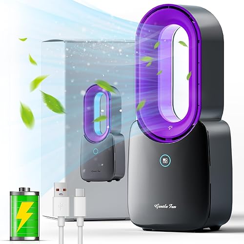 Misby Rechargeable Desk Fan, 5-color LED Light Bladeless Table Fan of 11.8 Inch, Purple Desk Fans Small Quiet for Bedroom, Home, Office - Grey/Purple