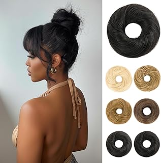 Messy Bun Hair Piece 100% Real Human Hair, Natural Curly Updo Donut Chignon Ponytail, Elastic Scrunchies Hair Bun Extension for Women (#1 Jet Black)