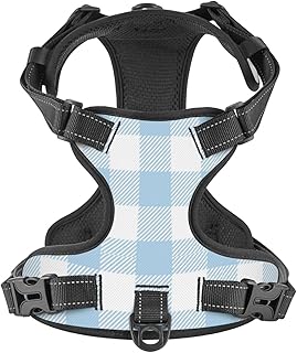 No Pull Dog Harness for Large Dogs Easy Walk Dog Vest Adjustable Collars Harnesses & Leashes Set Breathable Oxford Outdoor Walking Safety Reflective Strip Tartan Plaid Blue Prints