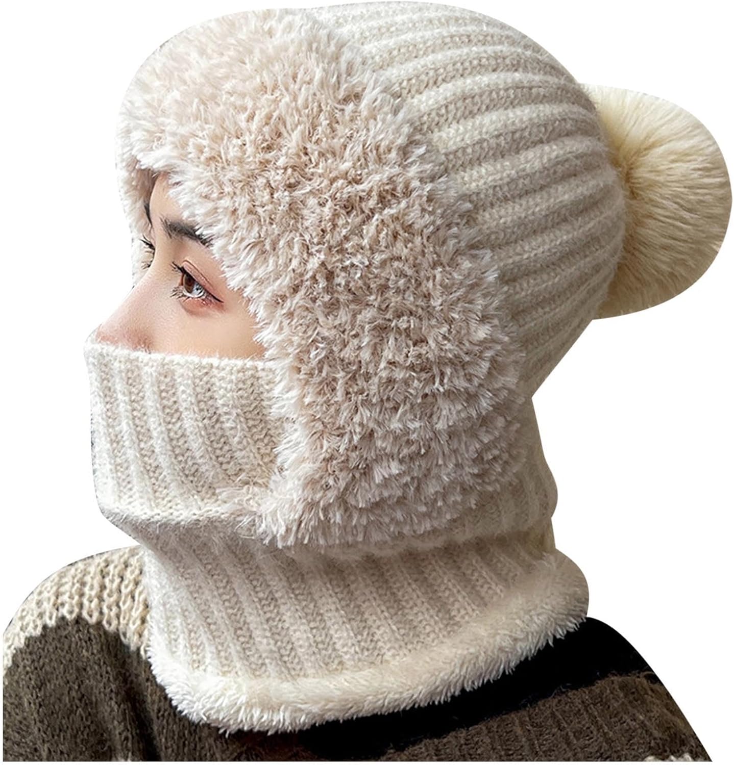 3 in 1 Beanie Hat for Women Fleece Lined Balaclava Hooded Scarf Knit Hats with Face Cover Windproof Warm Snow Cap for Winter