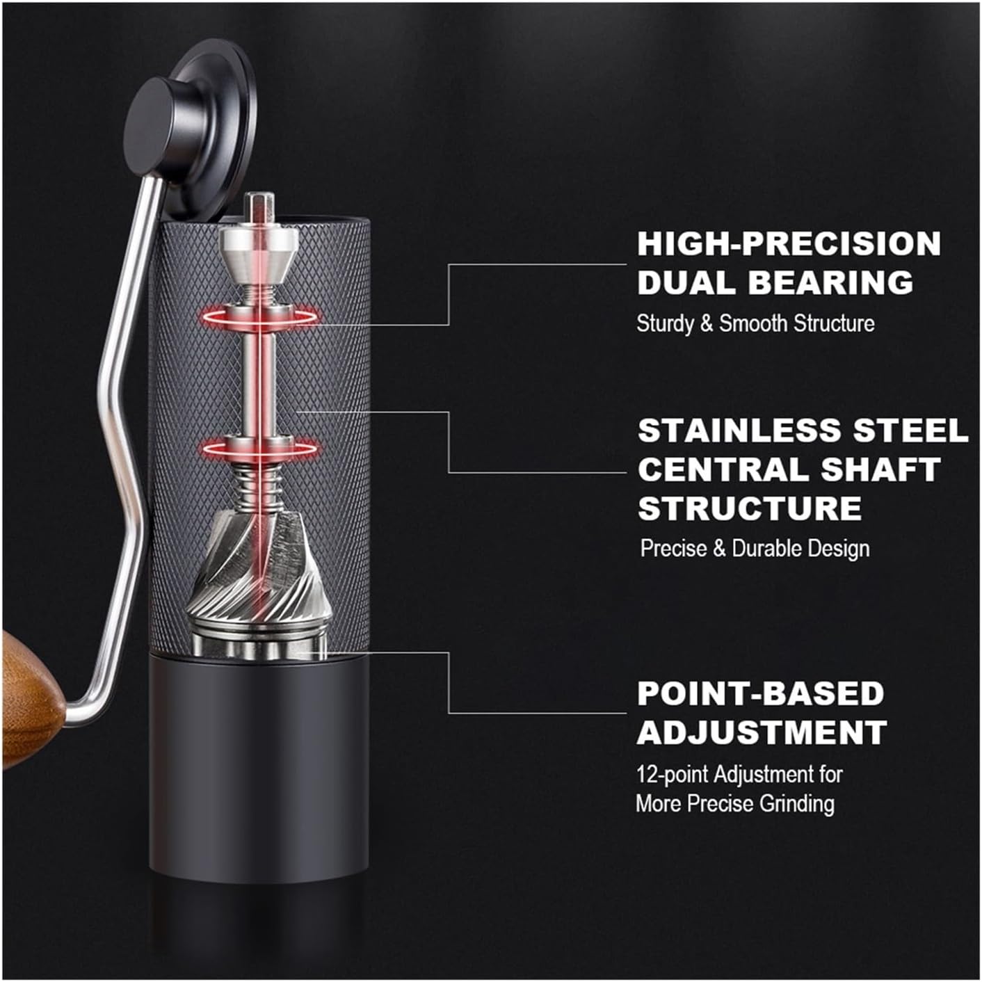 Manual Coffee Grinder Stainless Steel Conical Burr Adjustable Setting Portable Hand(Grey with 7Core)