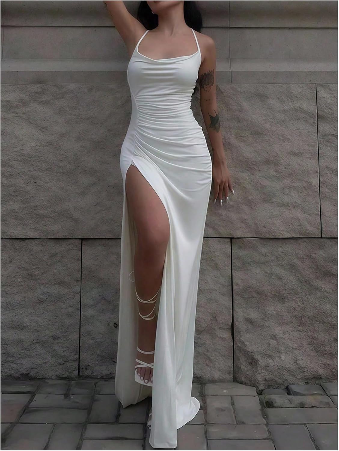 SHENHE Women's Sexy Spaghetti Strap Ruched Bodycon Cowl Neck Party Cocktail Maxi Dress - Image 4