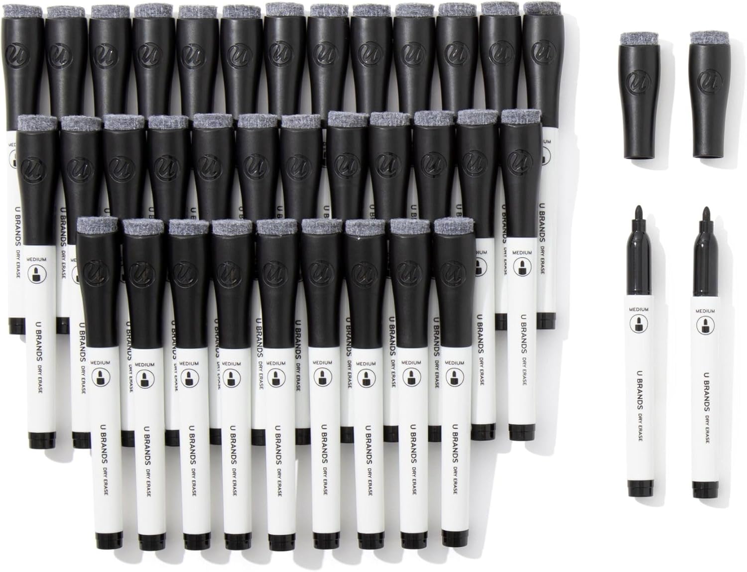 U Brands Dry Erase Markers Medium Tip Set, 36 Pack, Black, Whiteboard Pens with Medium Point and Built In Eraser Caps, Low Odor Ink, Dry Erase Markers For Classroom, Office, Or Home