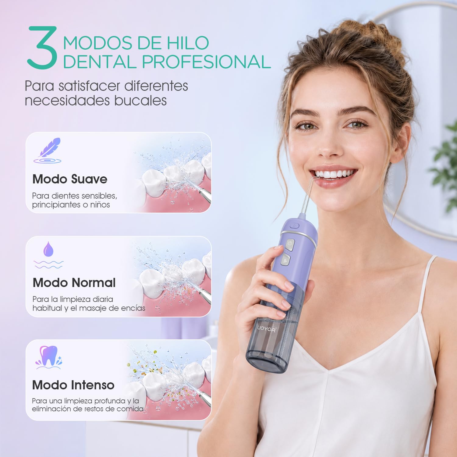 Irrigador Dental Portatil Mini, Irrigador Bucal con 5 Modos e IPX7 Impermeable, Inalámbrico y Recargable, Apto para Limpieza Dental en Casa y Viaje WF510 (Morado)