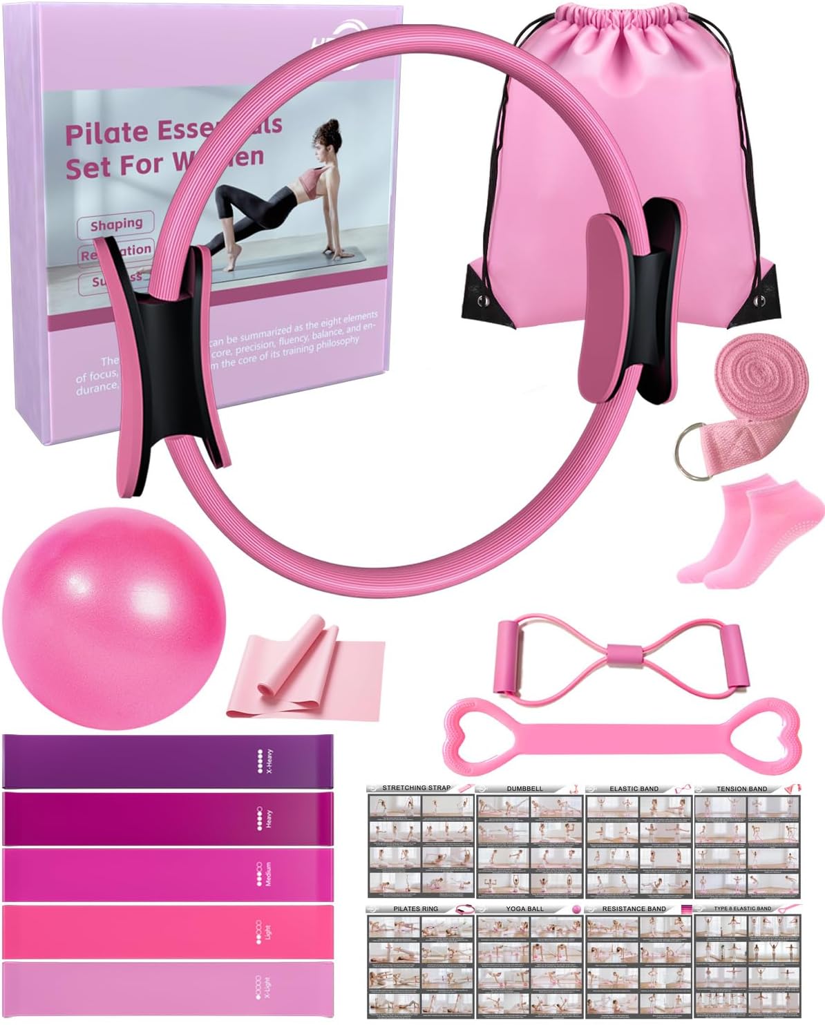 KABCON Pilates Kit for Home, Women Beginners Workout Essentials Set with 13" Ring, 9.8" Ball, Resistance Bands & Guide, 13/14/16 PCS Compact Pilates Equipment