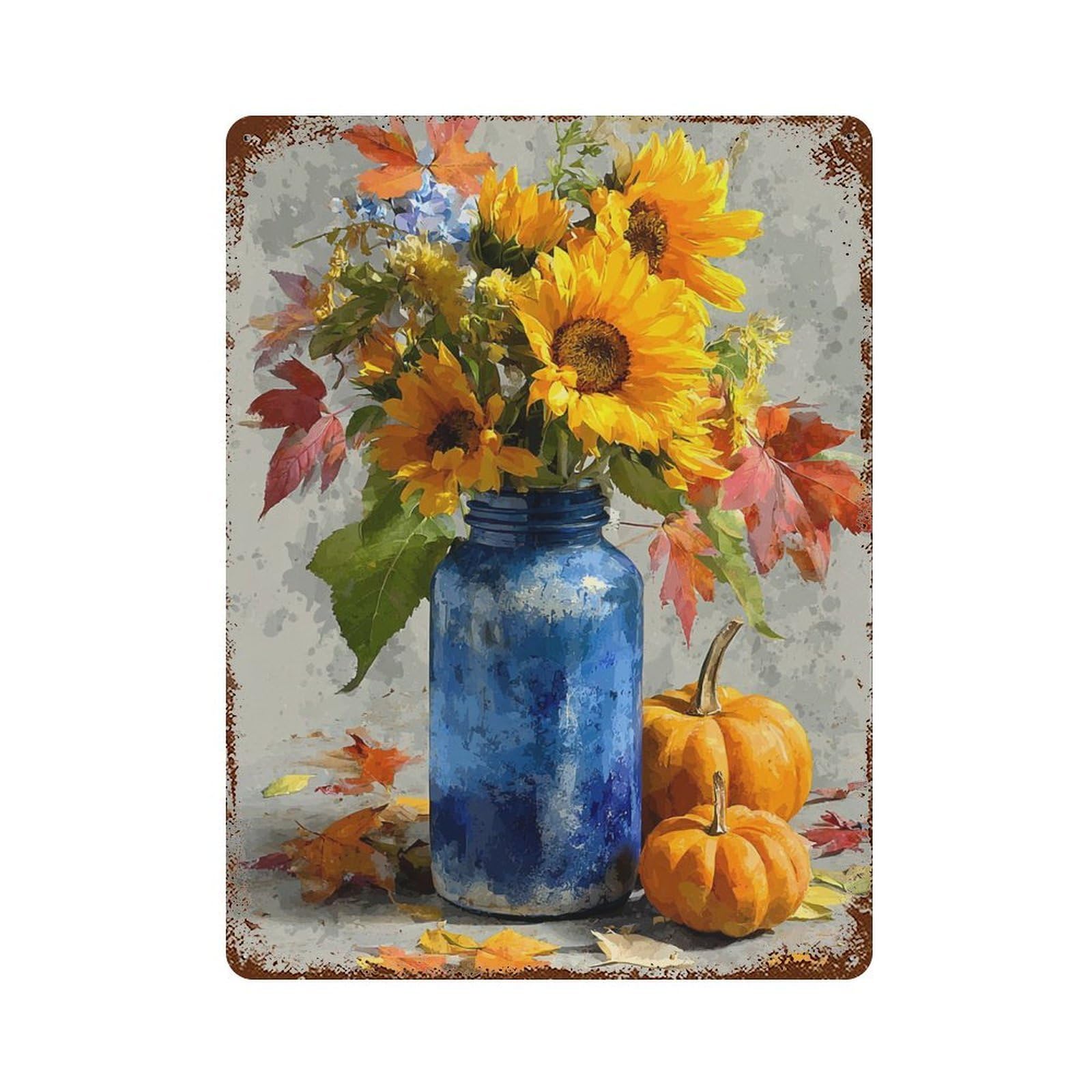 Rusty Metal Tin Sign with Autumn Sunflowers in Blue Jar Design 15.7"x11.8", for Farmhouse, Kitchen And Entryway Decor, Classic Wall Plaque