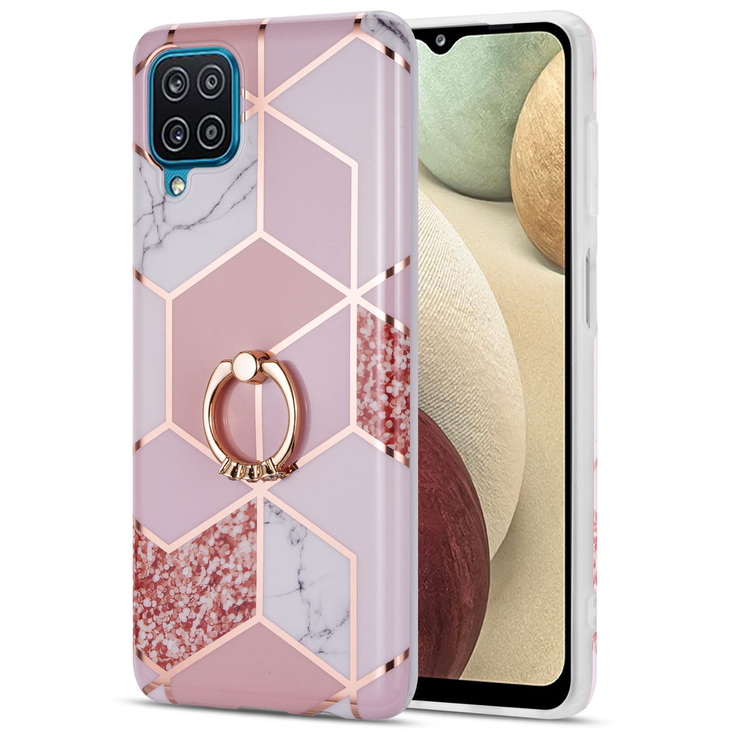 MANLENO for Samsung Galaxy A12 Case with Ring Kickstand Glitter Marble Design Slim Protective Phone Case Soft TPU Rubber Silicone Cover Bumper for Samsung Galaxy A12 (Rose Gold)