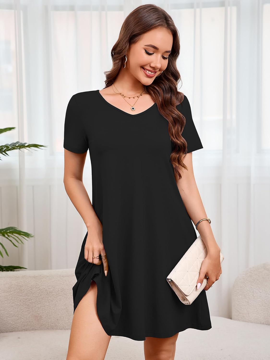Women's Summer Casual T Shirt Dress Short Sleeve Swing Dresses with Pockets Ladies V Neck Sundress - Image 2