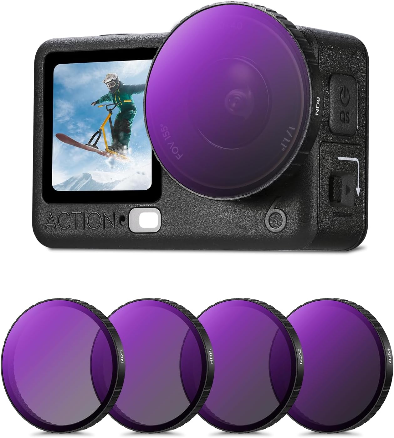 K&F CONCEPT Snap On ND Filter Kit Compatible with DJI Osmo Action 6, 4 Pack ND8 ND16 ND32 ND64 Light Reduction Neutral Density Filters HD Optical Glass/Multi-Coated Action Camera Accessories