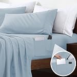 Swift Home Smart Sheets, Ultra Soft Brushed Microfiber 3-Piece Sheet Set, Fitted Bed Sheet with Side Storage Pockets – Blue Fog, Twin XL