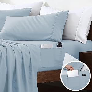 Swift Home Smart Sheets, Ultra Soft Brushed Microfiber 3-Piece Sheet Set, Fitted Bed Sheet with Side Storage Pockets – Blue Fog, Twin XL