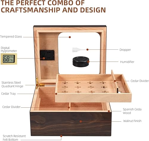 Miniatura 6 de Cigar Humidor, Modern Glass Top Cedar Humidor Cigar Box with Digital Hygrometer, Humidifier, Handcrafted Cedar Wood Tray and Divider, Cigar Case