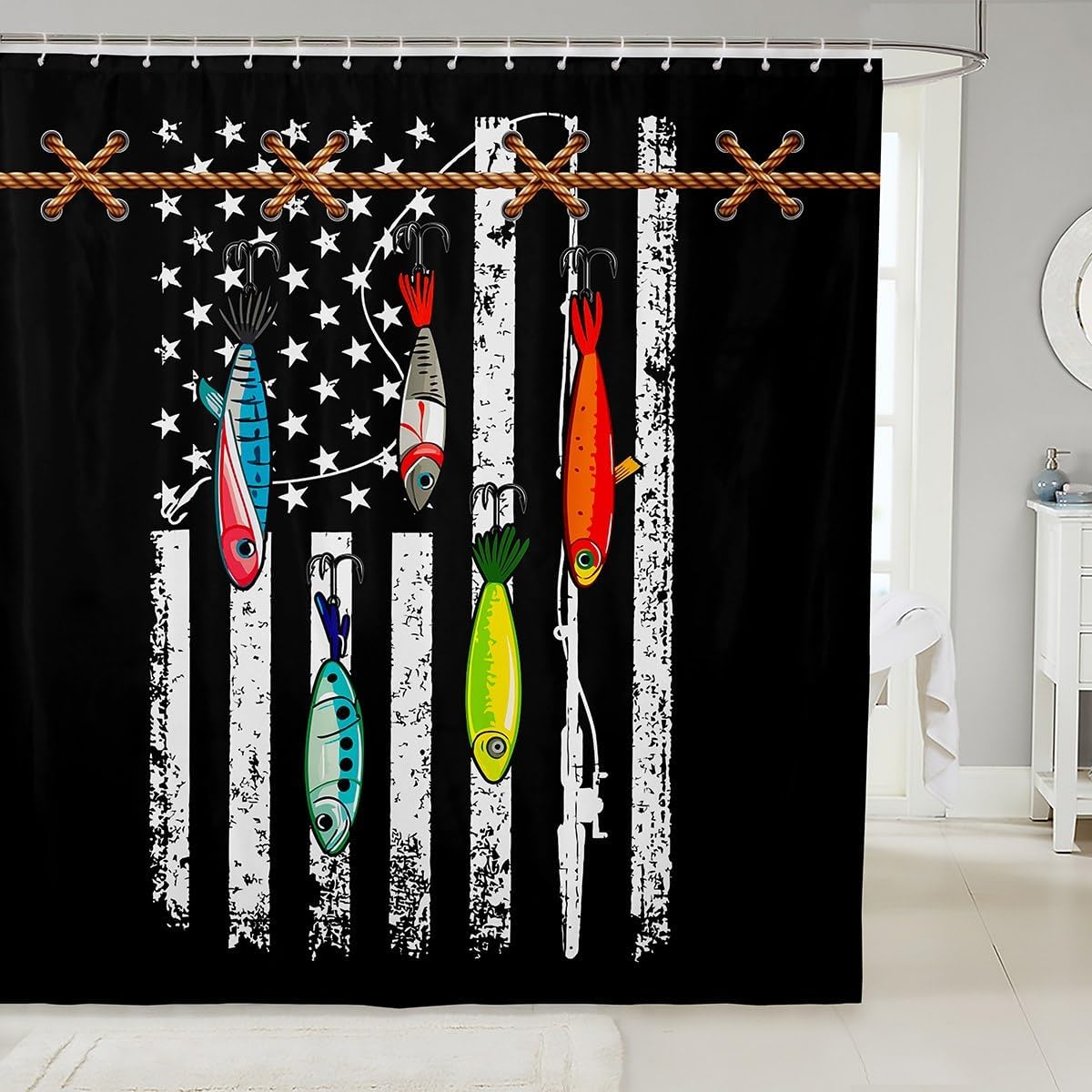 American Flag Shower Curtain,Racing Car Black White Checkered Flag Bath Curtain with 12 Hooks,Abstract Sports Geometric Waterproof Bathroom Accessories for Bathtublet, 72Wx84L inch