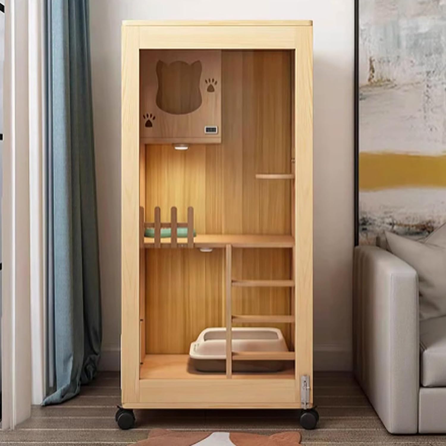 Cat Cage Wood, Enclosed Cat Playpen, Cat Crates for Indoor Cats, Cat Enclosures Indoor with Wheels for Ferret, Chinchilla, Rabbit, Small Animals(90x60x120cm)