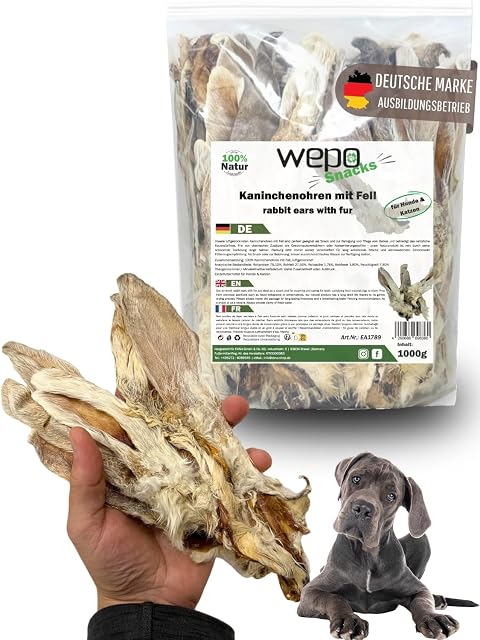 WEPO Orejas de conejo con pelo para perros, orejas de conejo secas de 1 kg