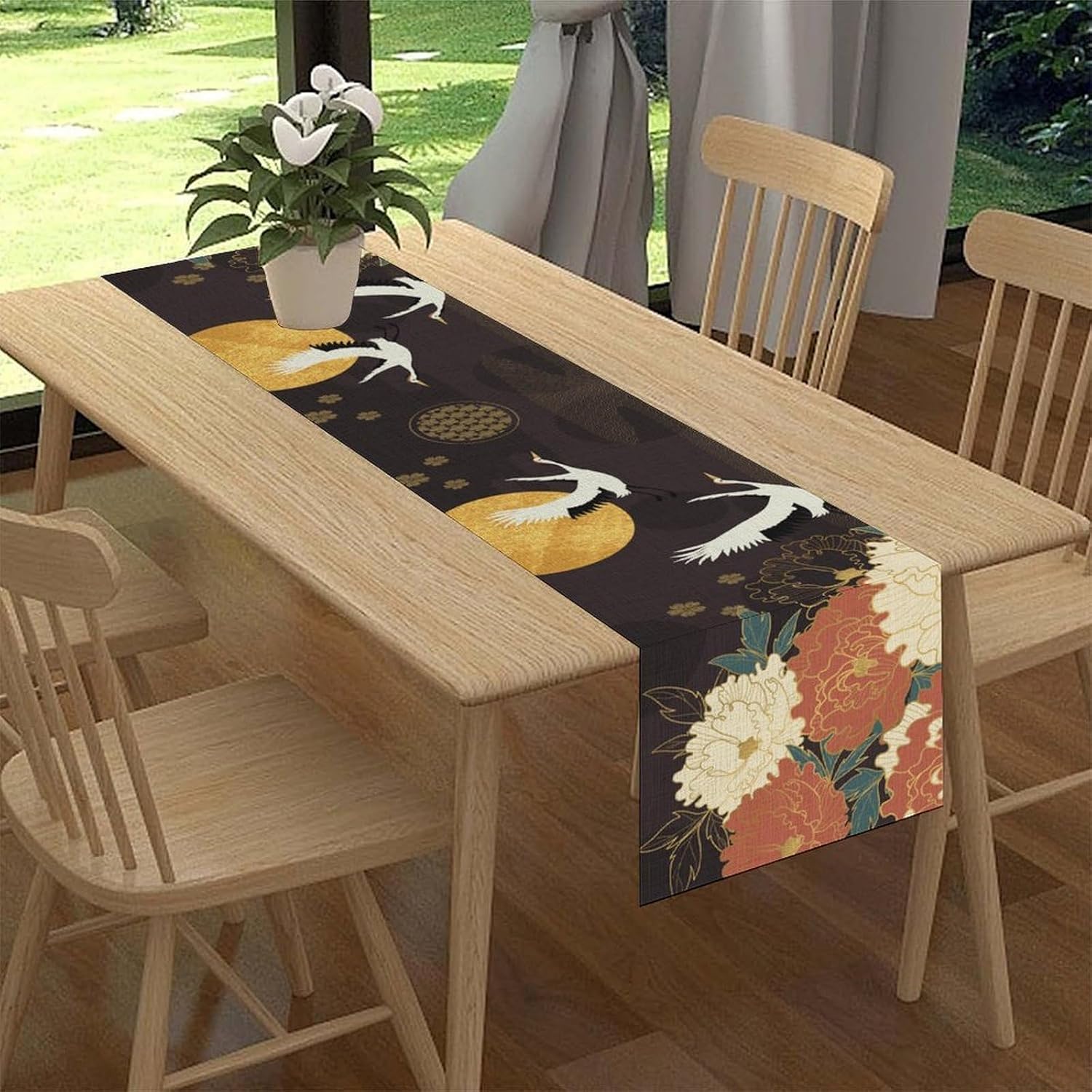 Japanese Table Runner, Asian Oriental Crane Golden Sunset Floral Clouds Print Luxury Farmhouse Kitchen Dining Table Scarf for Holiday Kitchen Living Room Home Wedding Banquet Party Decor 13"x36"