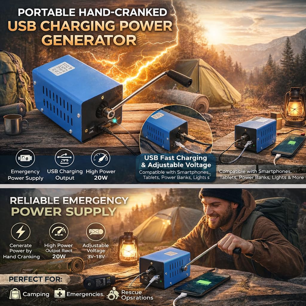 Generador Manual de Electricidad, Manivela Portátil 20W, Metal, Cargador USB de Emergencia, 2000 RPM, para Camping y Supervivencia